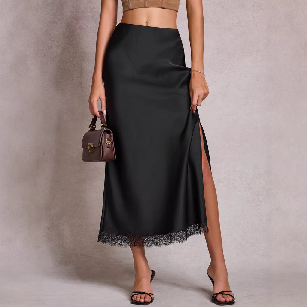 Women Clothing Satin Skirt Lace Split High Waist Elastic Sexy Sheath Skirt