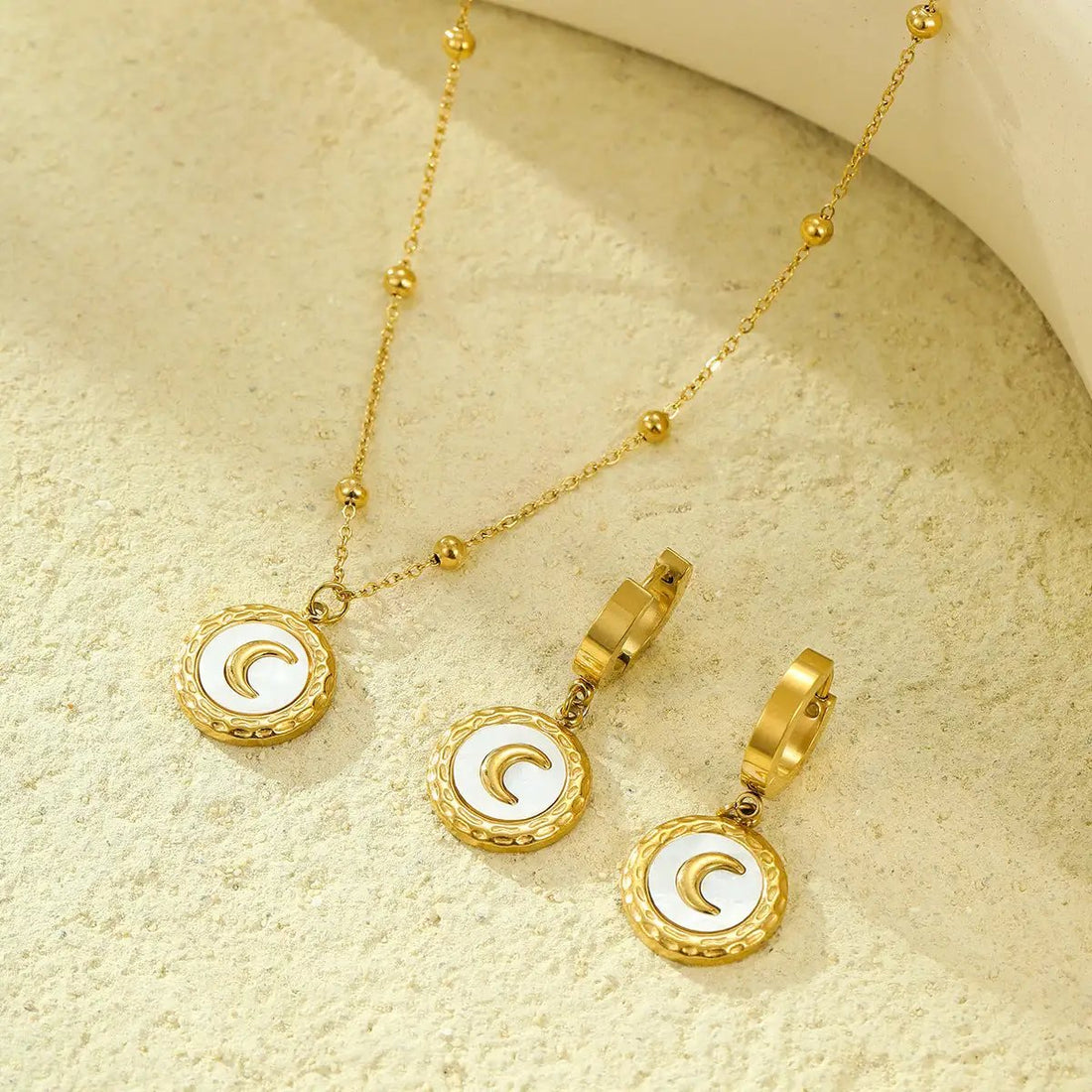 18K Stainless Steel Shell Moon Necklace Niche Retro Easy Matching Embellished Titanium Steel Necklace Earrings by Wanita Store