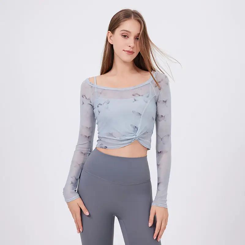 Floral Butterfly Faux Two Piece Sports T Shirt Women Long Sleeve with Chest Pad Yoga Clothes Mesh Top Quick Drying Slimming Workout Clothes by Wanita Store