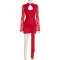 Women Clothing Autumn Solid Color Hollow Out Cutout out Strap Sexy Lace Long Sleeve Ribbon Short Dress