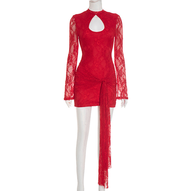 Women Clothing Autumn Solid Color Hollow Out Cutout out Strap Sexy Lace Long Sleeve Ribbon Short Dress