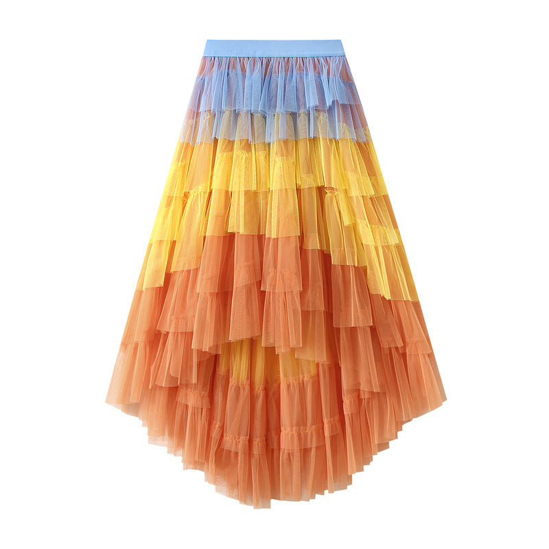 Unregelmäßiges asymmetrisches Stufenkleid High Waist Mesh-Rock Petticoat Damen Gaze-Rock Feenkleid
