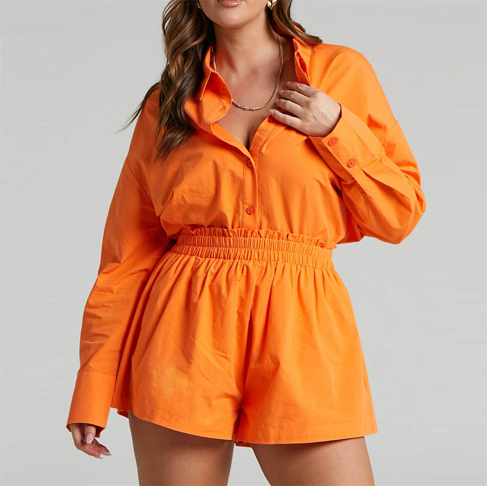 Frühling Sommer Zweiteiler Einfarbig Einreihig Langarm Hemd mit Kragen Shorts Locker Lässiges Set