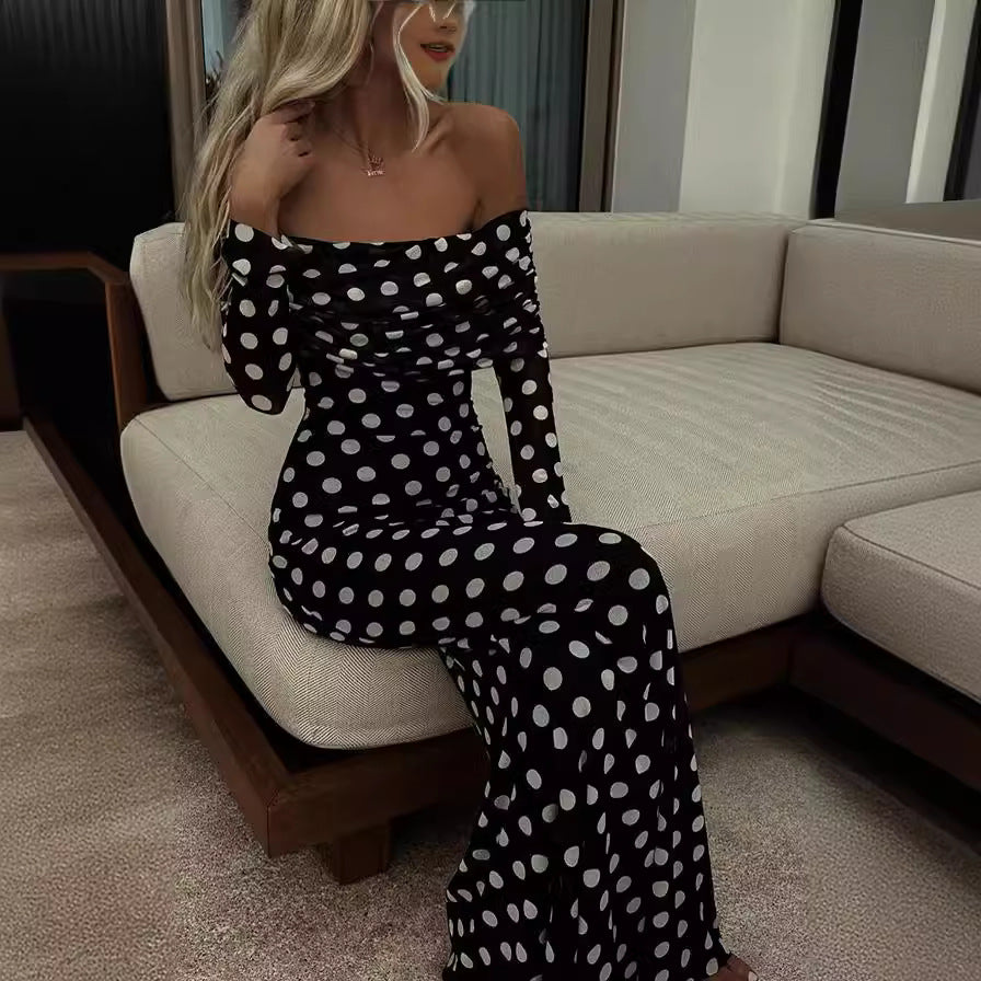 Frühling Sommer Gaze Polka Dot Nähte Off Shoulder Sexy Enges Kleid für Frauen