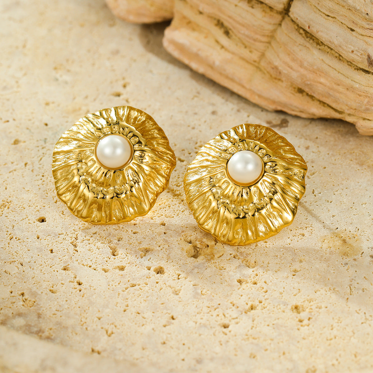 Simple Titanium Steel Geometric Abstract Pleated Pearl Stainless Steel Studs High Grade Delicate Earrings Women