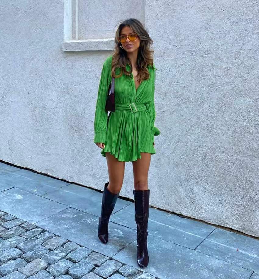 Frühjahr/Sommer Beliebtes Modisches Plissiertes Langarmshirt Gürtelkleid