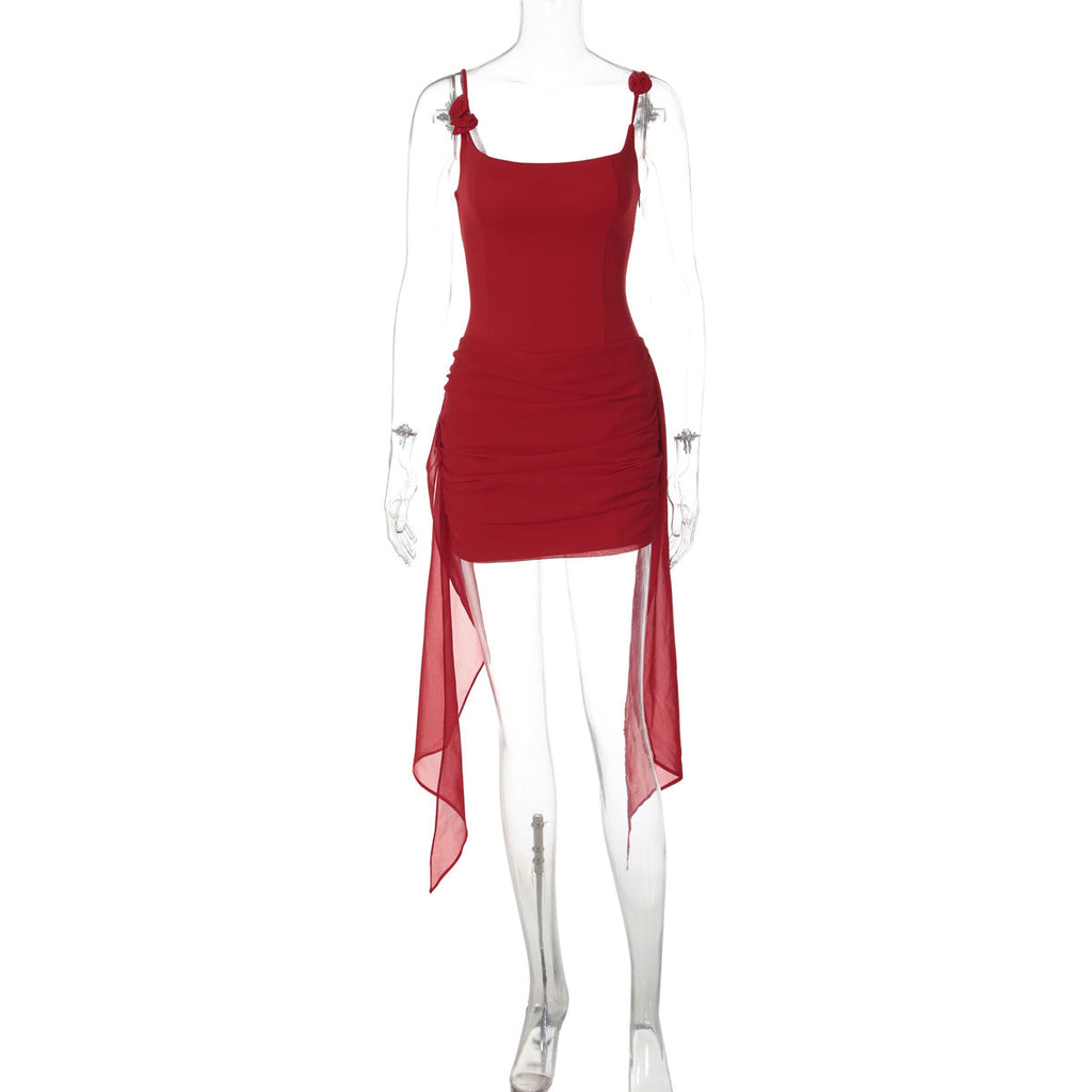 Arrival Nightclub Sexy Lace up Stitching Floral Sheath Ribbon Strap Dress for Women