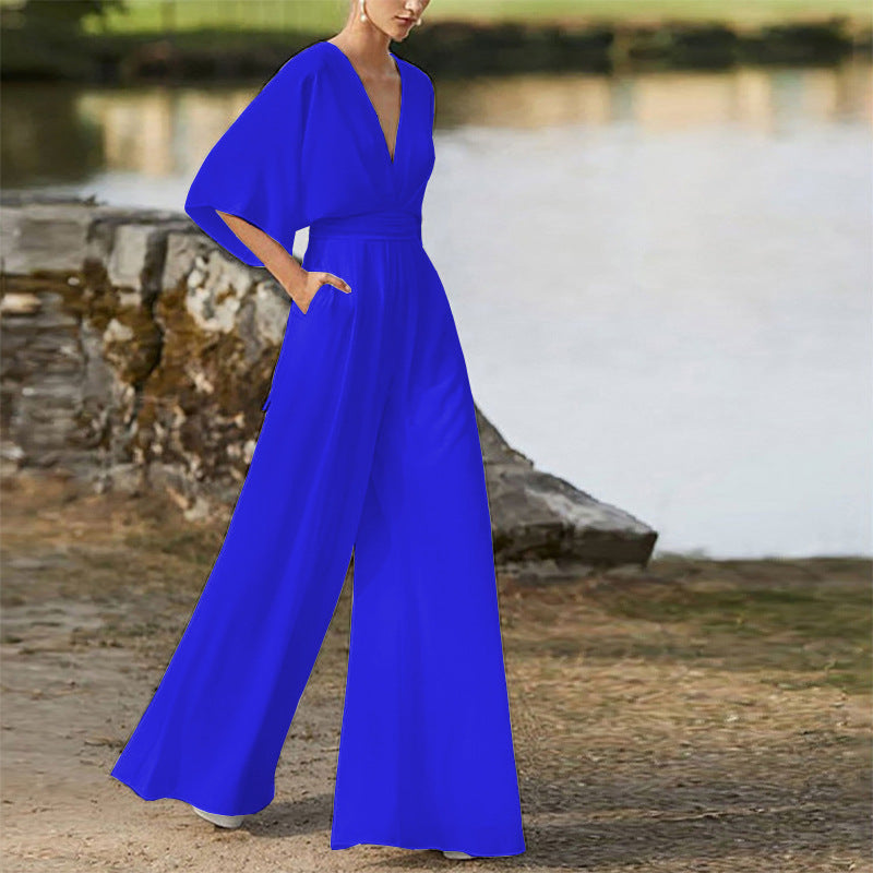 Winter Damen Kleid Overall Tiefer V-Ausschnitt Hohe Taille Weite Beinhose