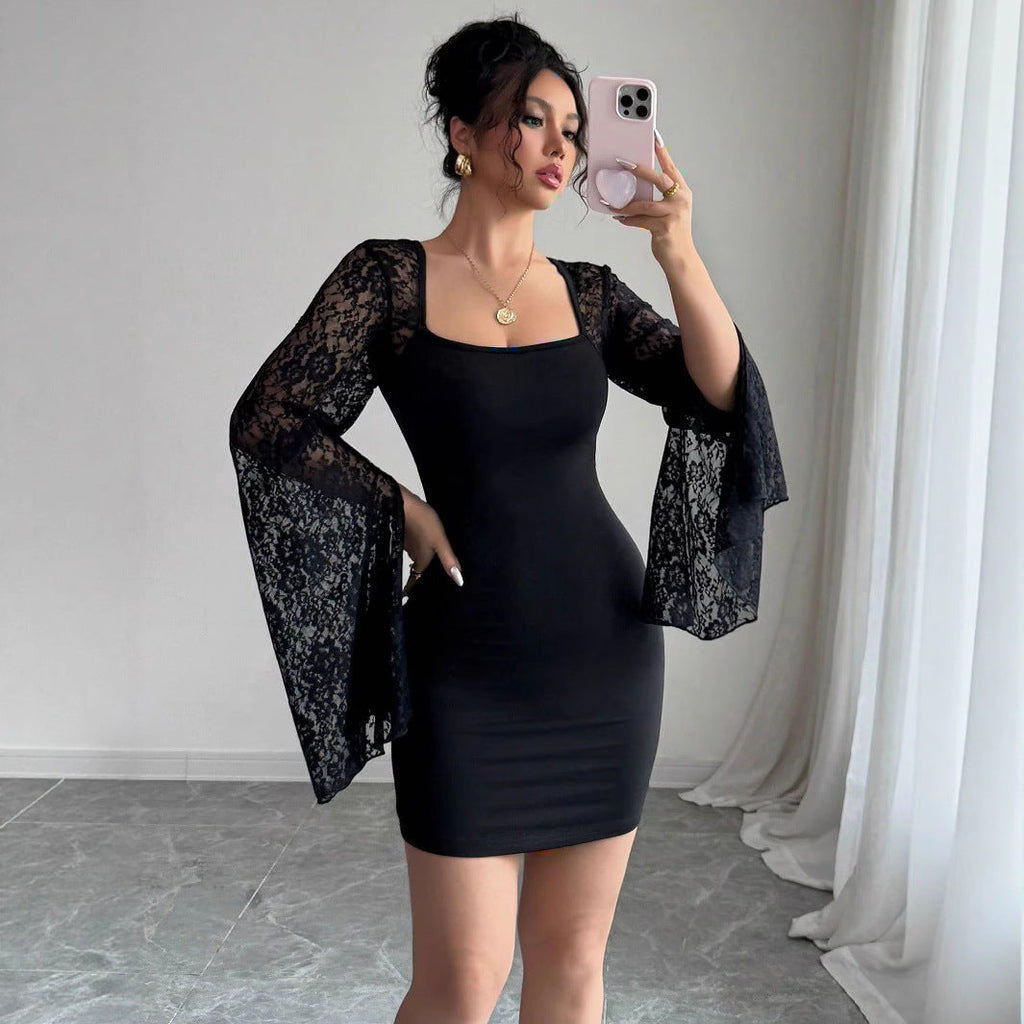 Herbst Glockenärmel Schlitz Einfarbig Spitze Nähte Eckiger Kragen Hüfttasche Kleid