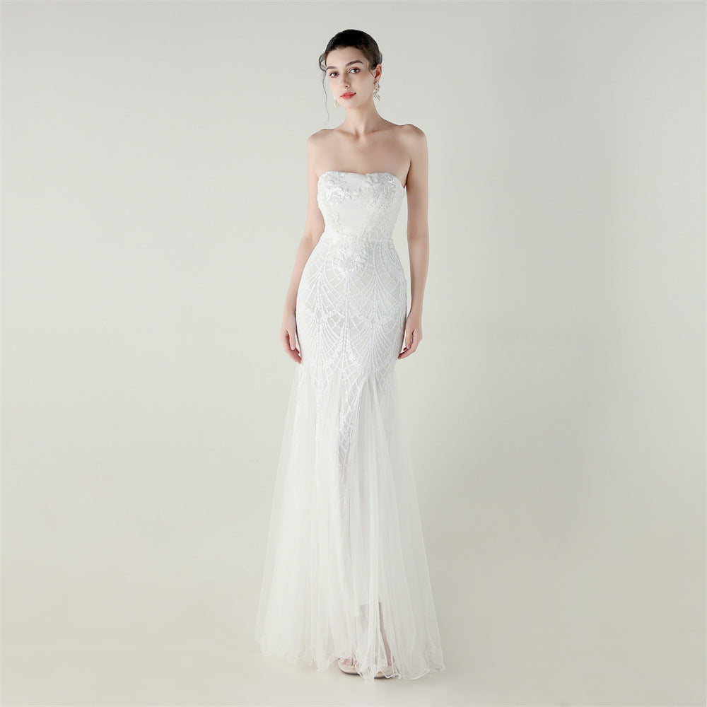 Tube Top Cross Strap Beaded Tube Floral Sequin Mesh Evening Dress Cocktail Wedding Social Elegant Clothing