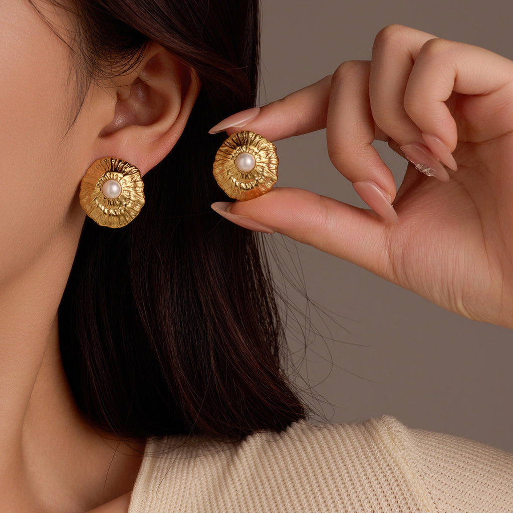 Simple Titanium Steel Geometric Abstract Pleated Pearl Stainless Steel Studs High Grade Delicate Earrings Women