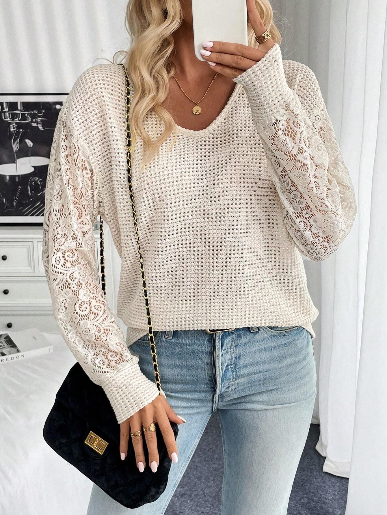 Spring Elegant Women Solid Color V neck Lace Stitching Long Sleeved T shirt Top for Women