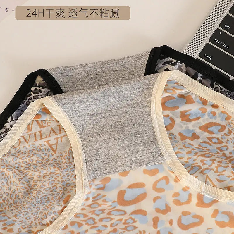 Ice Silk Seamless Underwear for Women, Hot Leopard Print Ice Silk Silk Protein Antibacterial Crotch Women&