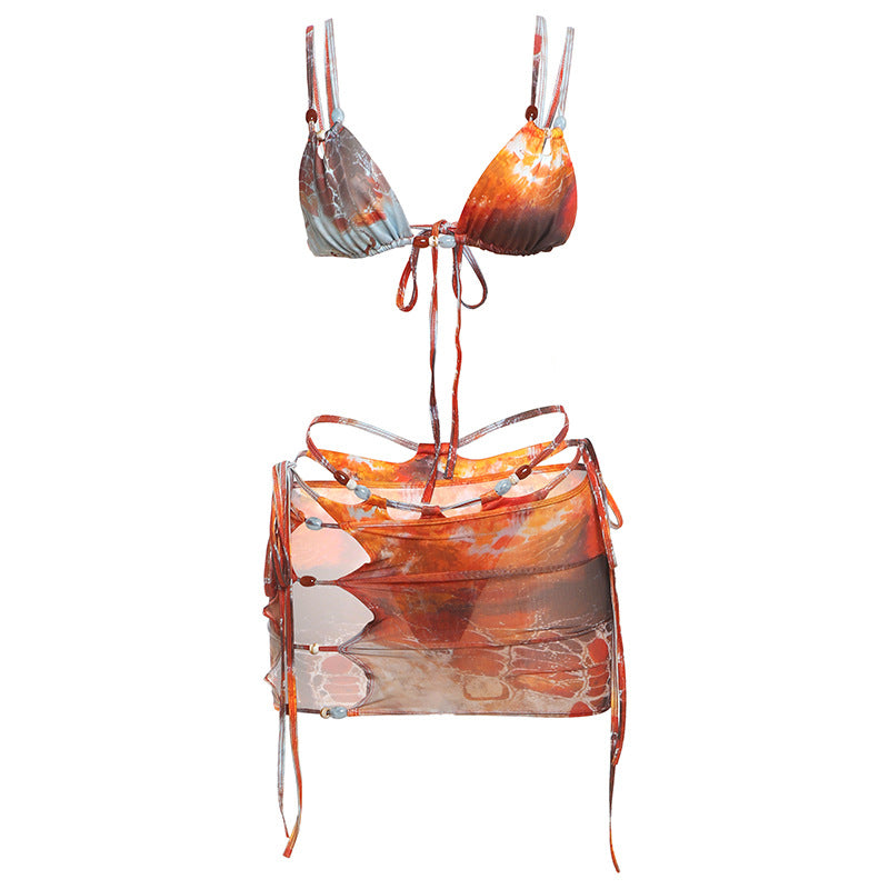 Sommer Damen Bedruckter Sexy Mesh-Schnürbikini im Dreiteiler-Set
