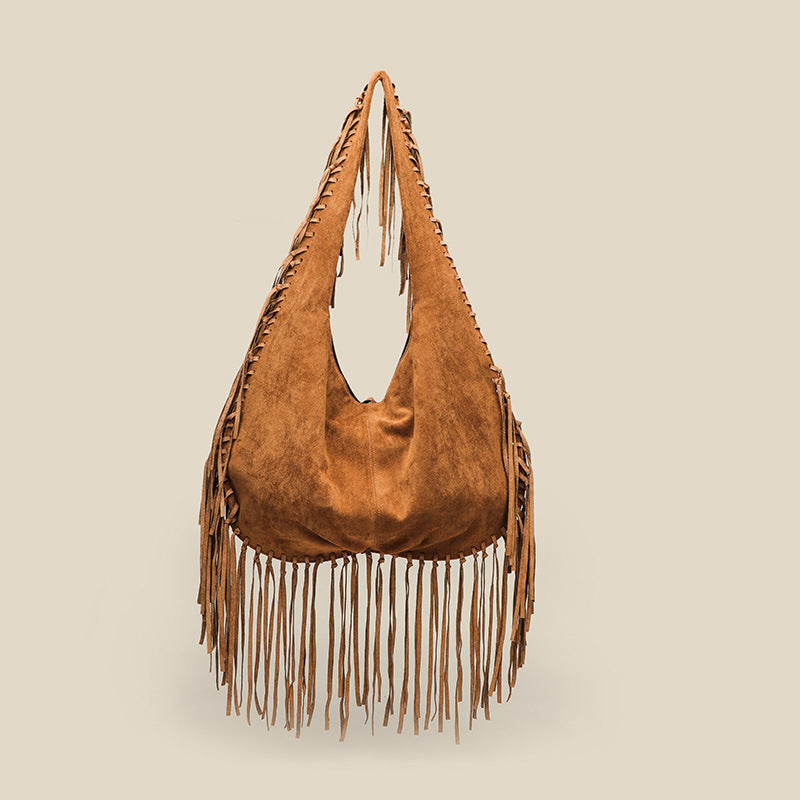 Tassel Large Capacity Tote Crescent Trendy One Shoulder Women Bag Casual Simple Crossbody Suede Retro Dumpling Bag