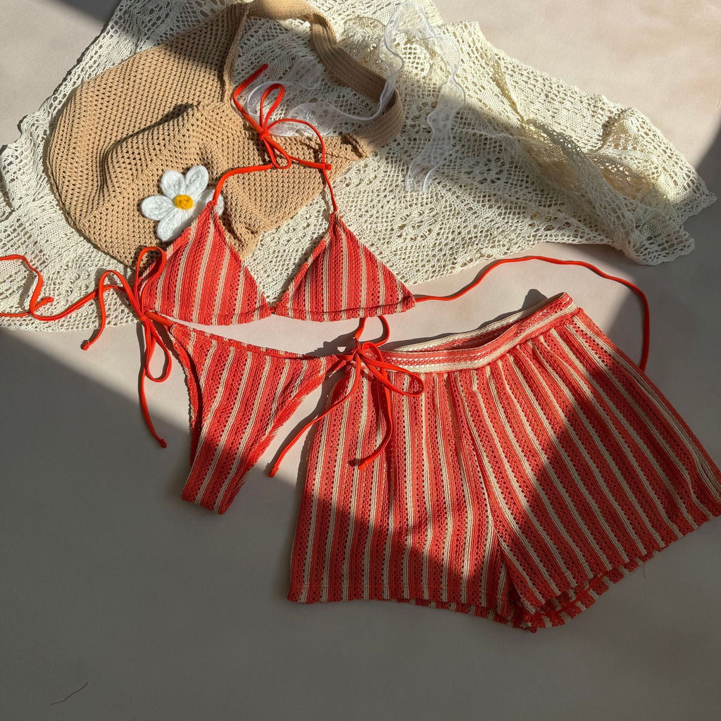 Sexy Schnürung Gestreifter Dreiteiliger Bikini