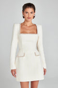 Elegant Slim Fit Slimming U Neck Long Sleeved Beaded Classic Dress Women