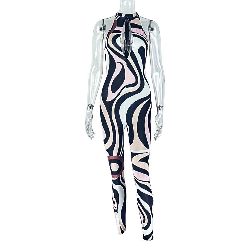 Persönlichkeit Frauen bedruckt tragen hohl ausgeschnitten Slim Fit Etui-Overall ärmelloser Zebra-Muster langer Overall