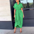 Women Clothing Dress Arrival Collared Elegant Mid Length Short Sleeve Single Breasted High Waist Shirt Dress