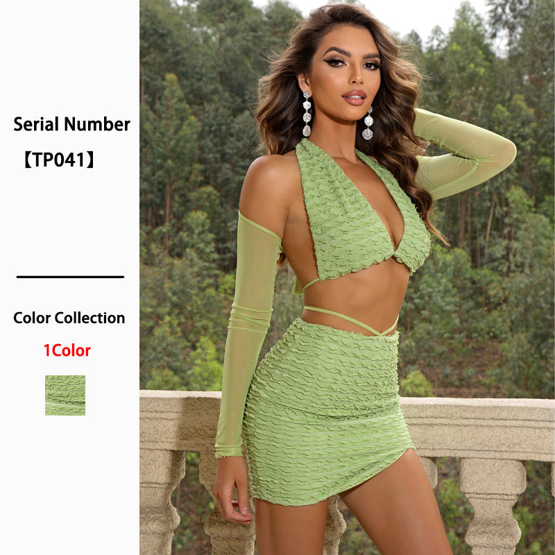 Green Pleated Halter Backless Women Dress Sexy Slim Hip Short Dress