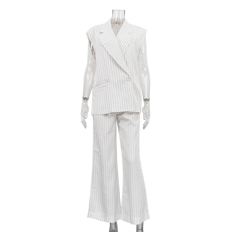 Striped Vest Women Collared Sleeveless Top Wide Leg Pants Office Two Piece Sets