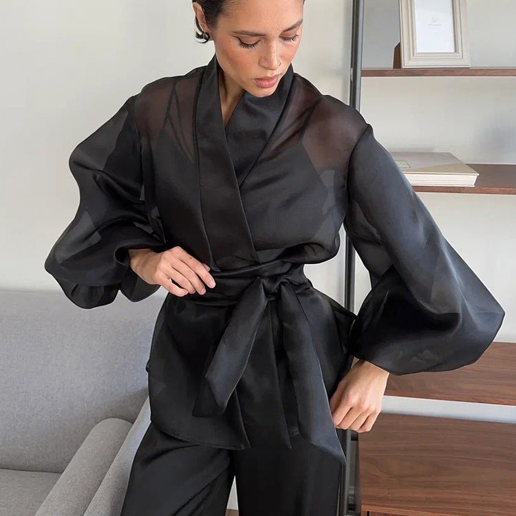 Spring French Black See through Shirt Women Puff Sleeve V neck Lace up Top