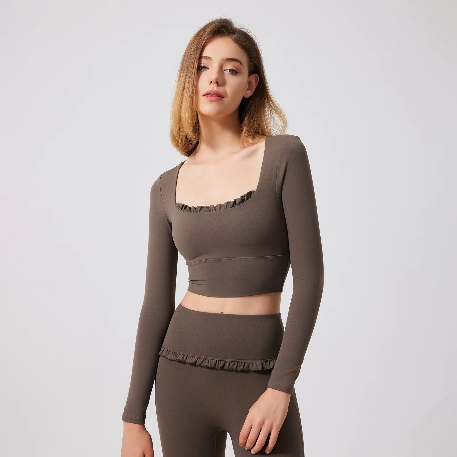 Autumn Winter Nude Feel Lace Yoga Clothes Long Sleeve Semi Fixed Cup Running Slim Sports Bra Breathable Workout Clothes Top by Wanita Store