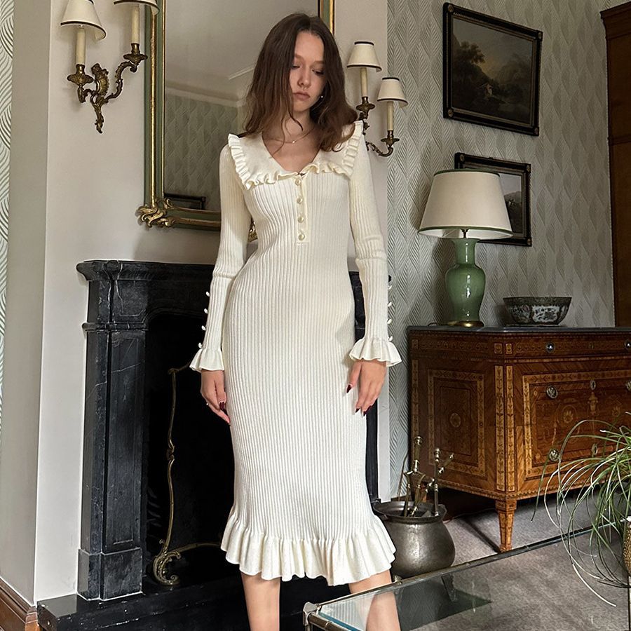 Gerüschtes Kleid, Strickkleid, Herbst-Winter-Pulloverkleid, Retro-Damenkleid, französisches Kleid