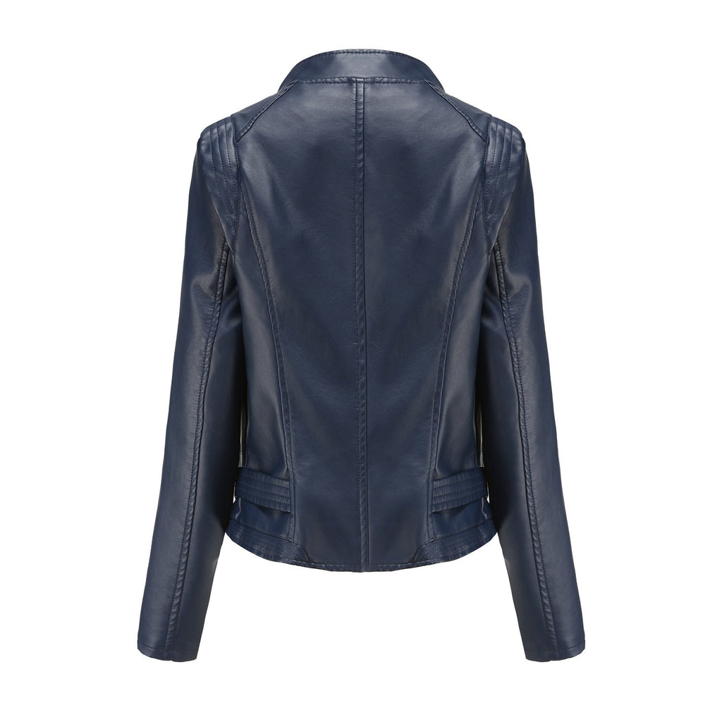 Faux-Leder Stehkragen Damen Slim-Fit Ledermantel Damen Frühling Herbst Dünner Langarm Mantel Kurze Damen Jacke Übergröße