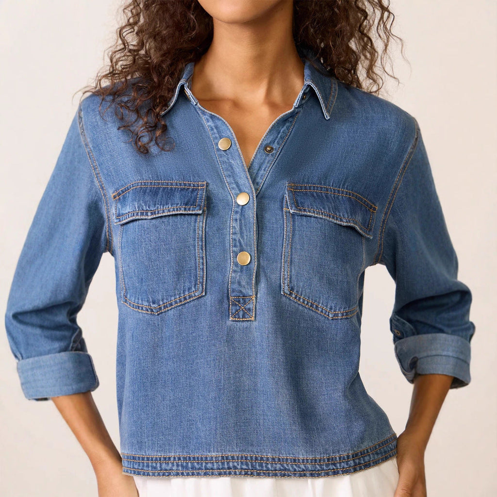 Women Clothing Casual Polo Collar V neck Pullover Denim Shirt