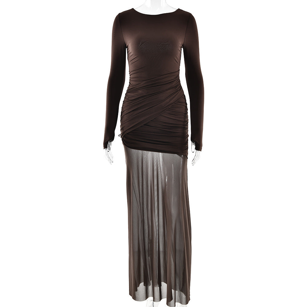 Women Clothing Autumn Winter Voile See through Solid Color Dress Sexy Slim Fit Backless Split Dress
