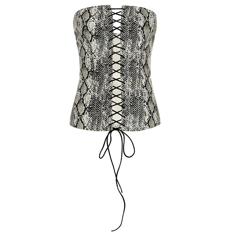 Sexy Damenbekleidung Leder Tiermuster Taillenformendes Schnür-Tube-Top Tailleneng anpassbares Westen-Top Sommer