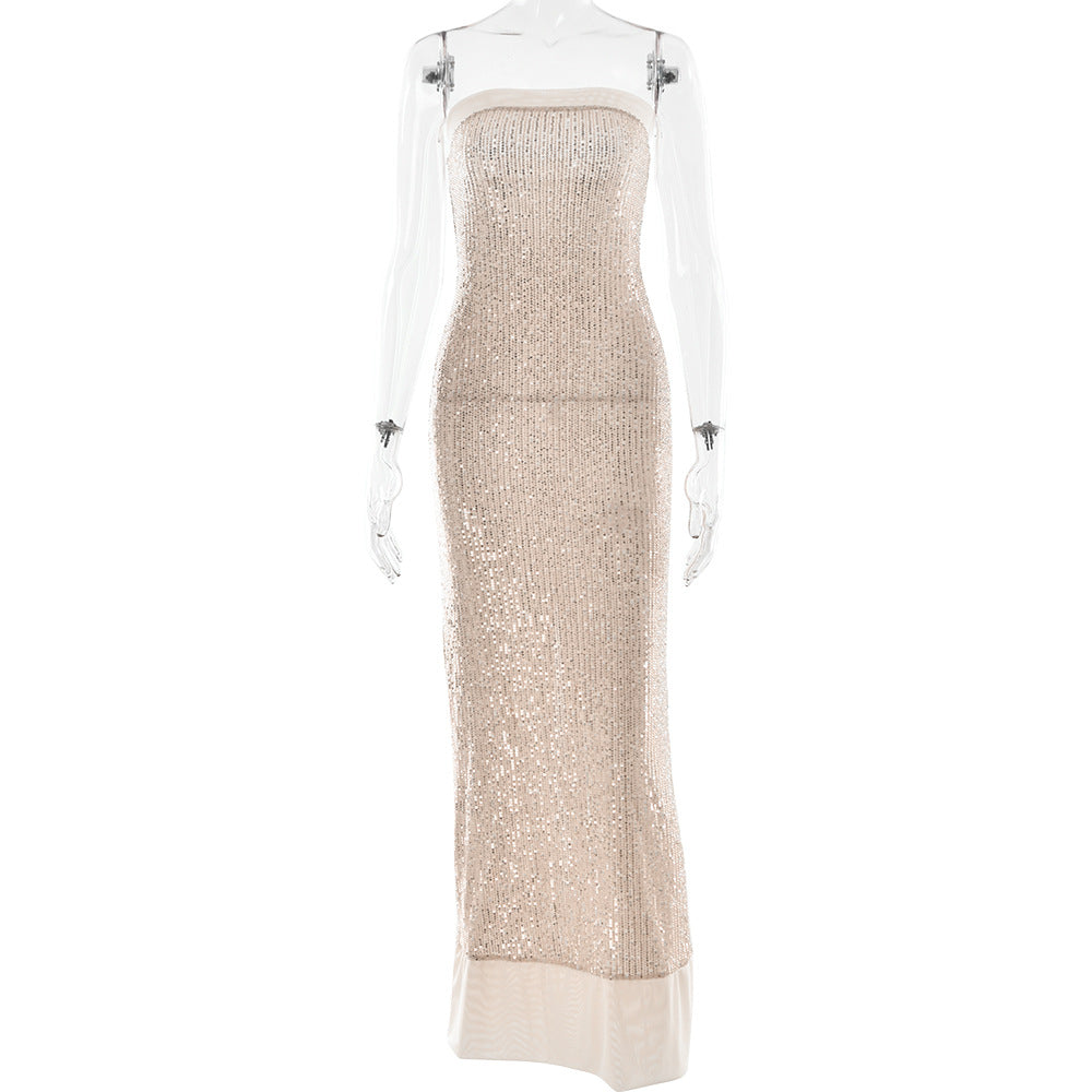 Sexy Women Clothing Evening Dress Elegant Bandeau Slim Fit Maxi Dress Sequined Split Backless Dress