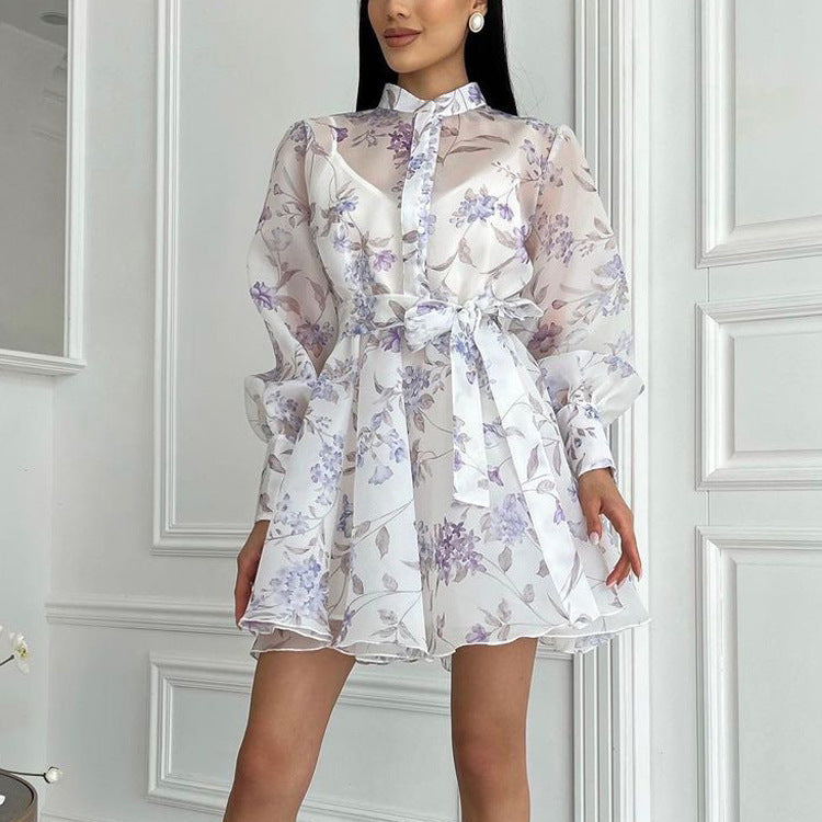 Women Elegant Stand Collar Long Sleeve Lace Printing A line Cami Dress