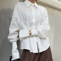 Court White Cotton Shirt Women Light Luxury Pleat Waisted Slim-Fit Long-Sleeved Collared Shirt