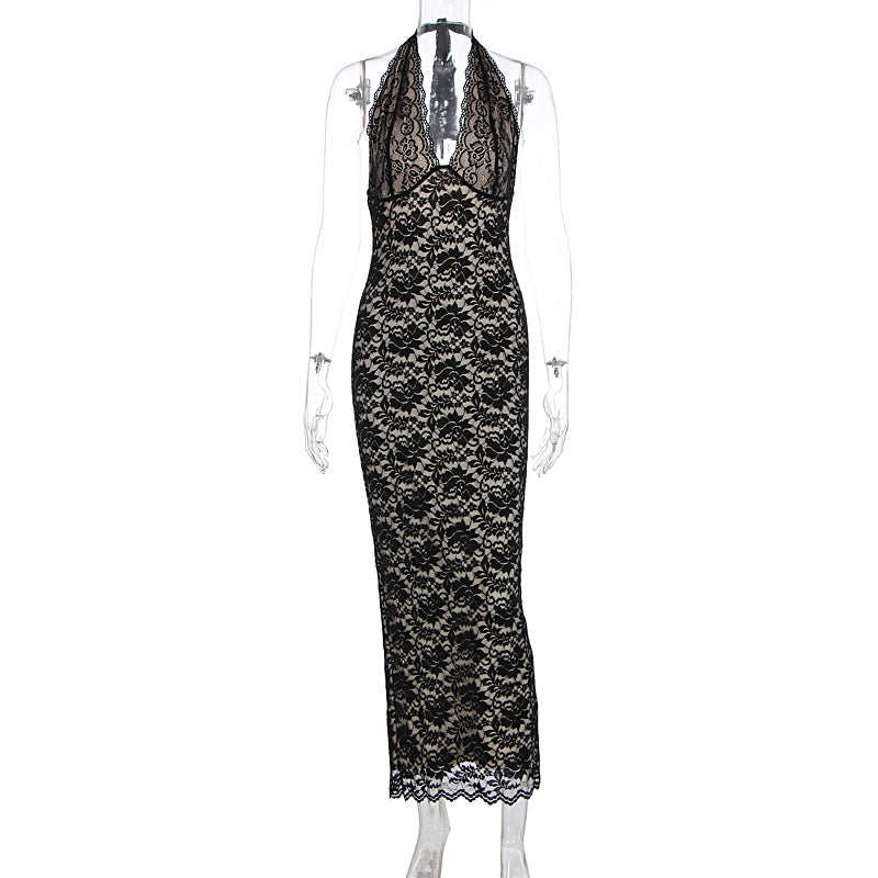 Sommer Damenbekleidung Sexy Neckholder Spitze Schlitz Schlankes Kleid