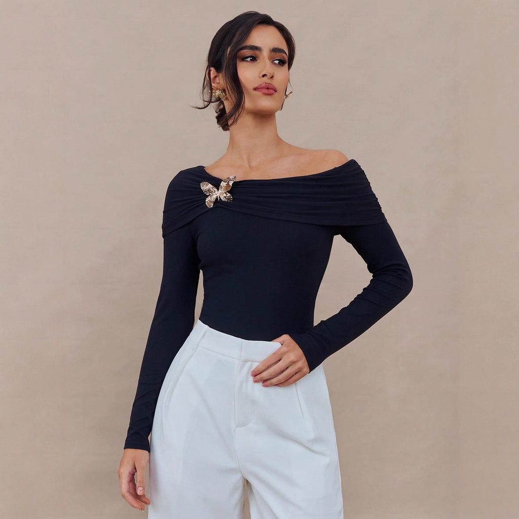 Spring off Shoulder Butterfly Brooch Design Slim Fit Long Sleeved Women Top
