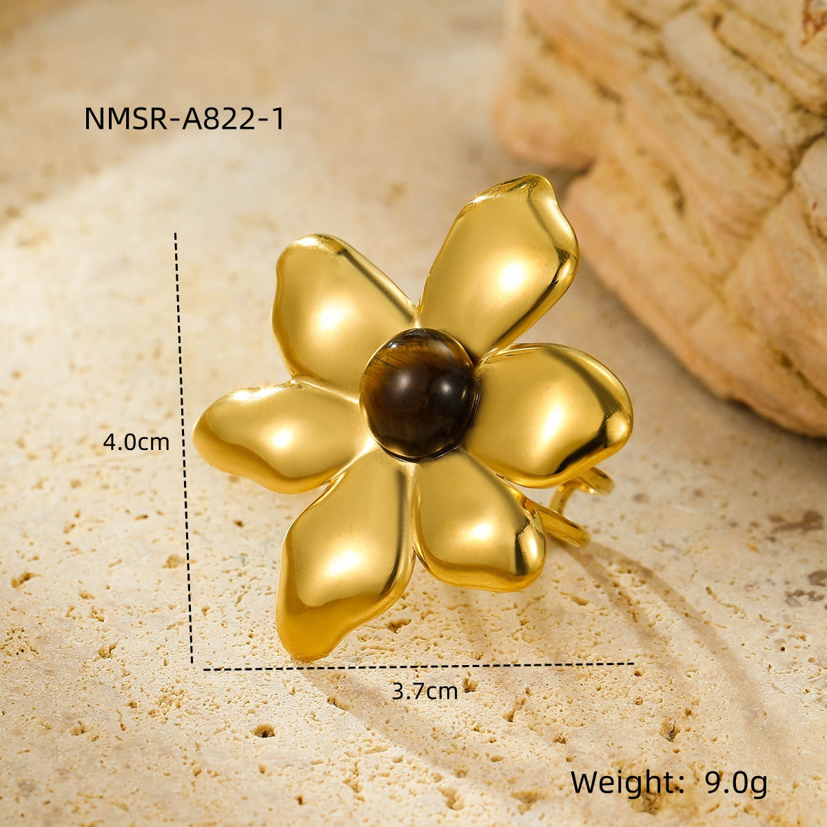 All Match Stainless Steel 18K Gold Plating Irregular Asymmetric Petals Colorful Natural Stone Titanium Steel Open End Ring for Women