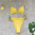 Solid Color Hollow Out Cutout out Strap Sexy Backless Split Swimsuit Women Triangle Bikini