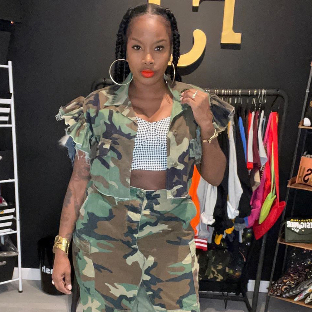 Camouflage Damen Kleidung Rüschenärmel Tasche Personalisierte Strickjacke Outdoor Kurzarm Damen Mantel