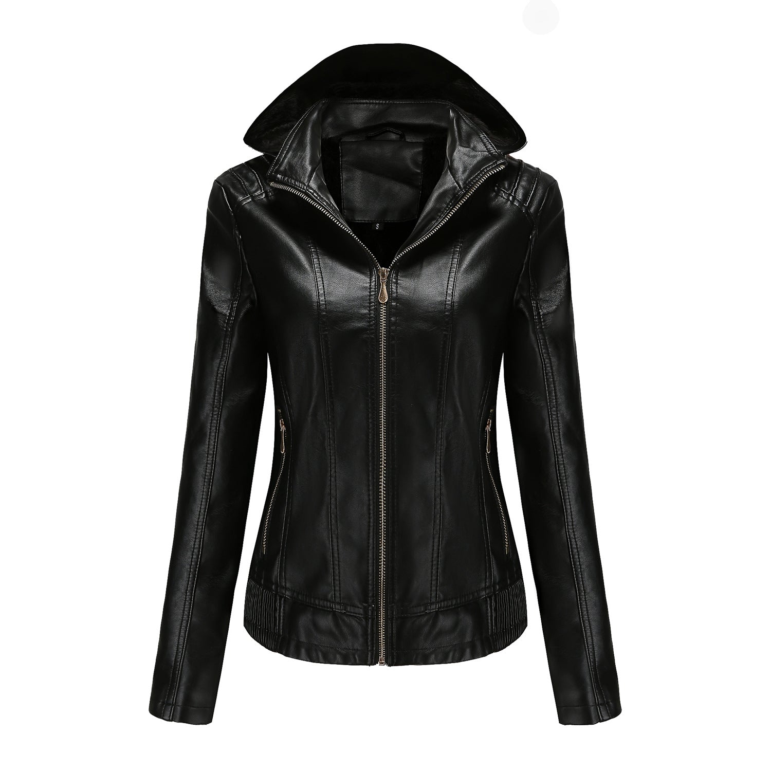 Herbst Winter Kapuzen-Ledermantel Damen Abnehmbare Kapuze Langarm Reißverschluss Fleece-gefütterte Lederjacke Schmaler Mantel