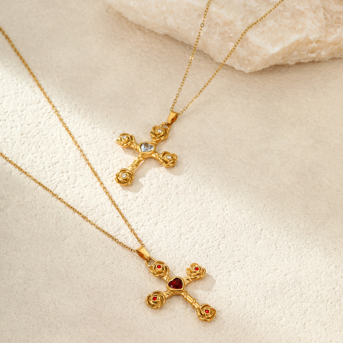 Elegance Retro Advanced Necklace Stainless Steel 18K Gold Color Diamond Rose Cross Embellished