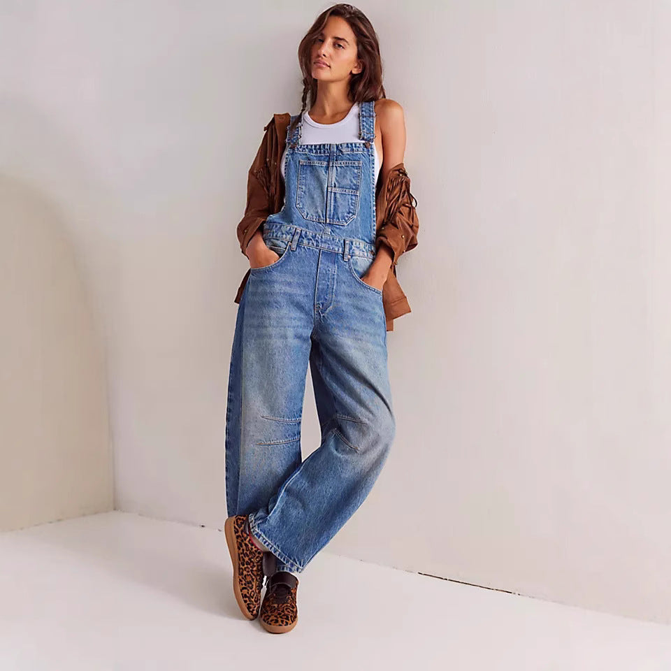 Street Washed Out Vintage Loose Straight Cargo Jeans Latzhose