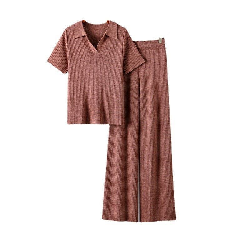 Damenbekleidung Polokragen Pullover Kurzarm-Oberteil Abnehmende Uni-Hose mit weitem Bein Strickanzug