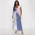 Women Clothes Cool Contrast Color Patchwork Stripes V neck Dress Irregular Asymmetric Cinched A line Dress