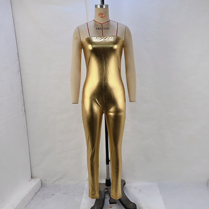 Metallic beschichteter Stoff Damenbekleidung Herbst Winter Sexy Tube Top Jumpsuit Hose Damen Overall