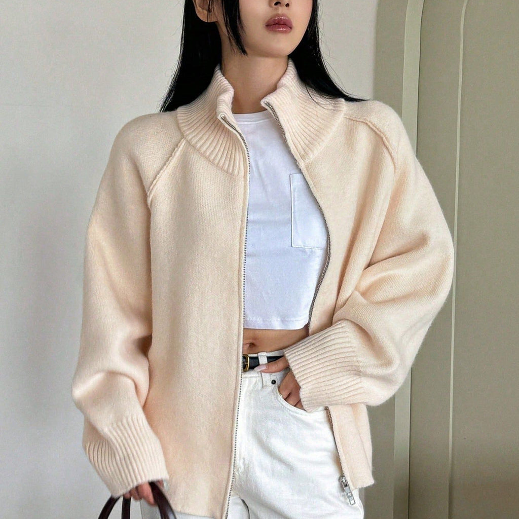 Fauler Pullovermantel Damen Herbst Winter Koreanisch Uni Stehkragen Reißverschluss Strickjacke Oberteil