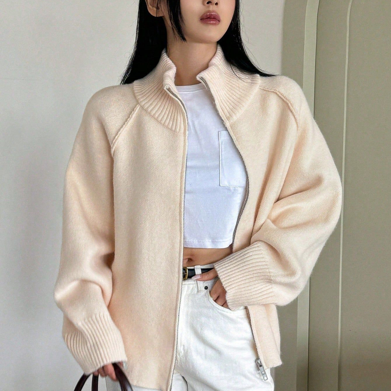 Fauler Pullovermantel Damen Herbst Winter Koreanisch Uni Stehkragen Reißverschluss Strickjacke Oberteil