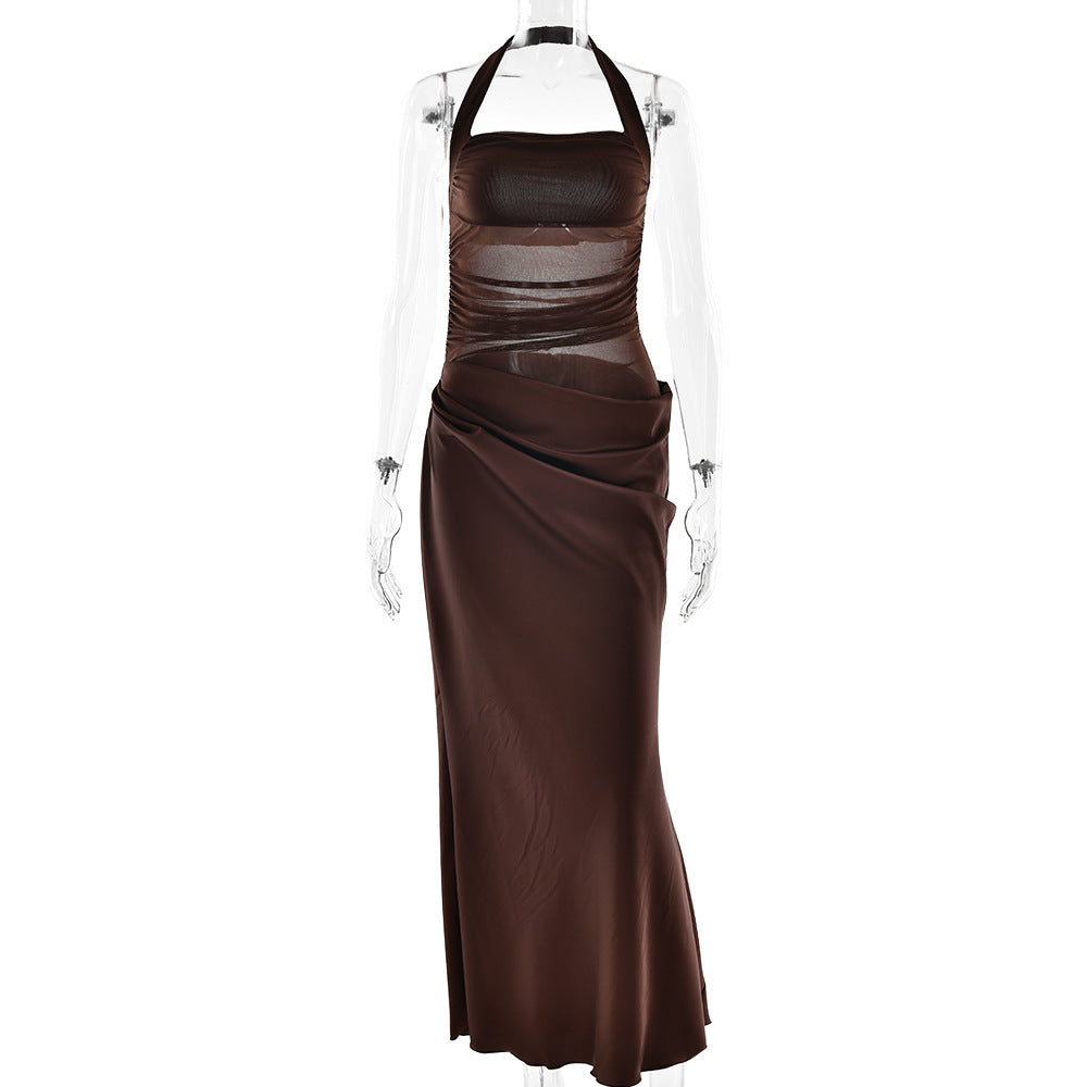 Frühling Sommer Sexy Rückenfreies Neckholder Satin Maxikleid Sexy Hohl Geschnitten Ärmelloses Kleid