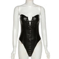 Damen Kleidung Tube Top Rückenfrei geschnürt Ösen Kunstleder Schlankheits-Overall für Damen
